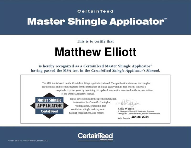 Matthew Elliott CertainTeed certificate