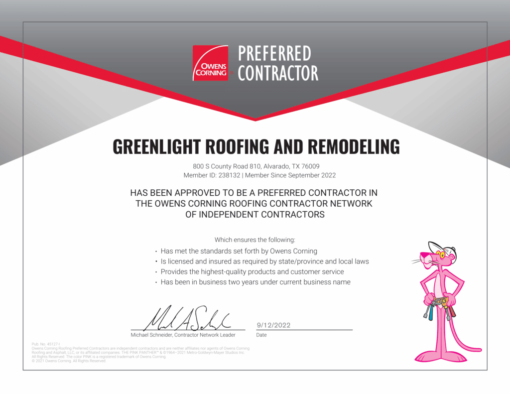 Owens Corning Certificate for Greenlight Roofing
