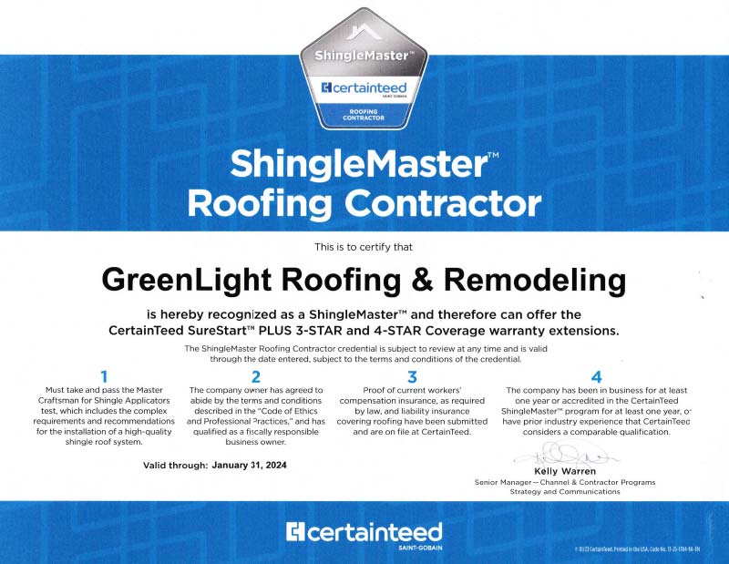 Greenlight Roofing is a certified Certainteed ShingleMaster Roofing Contractor