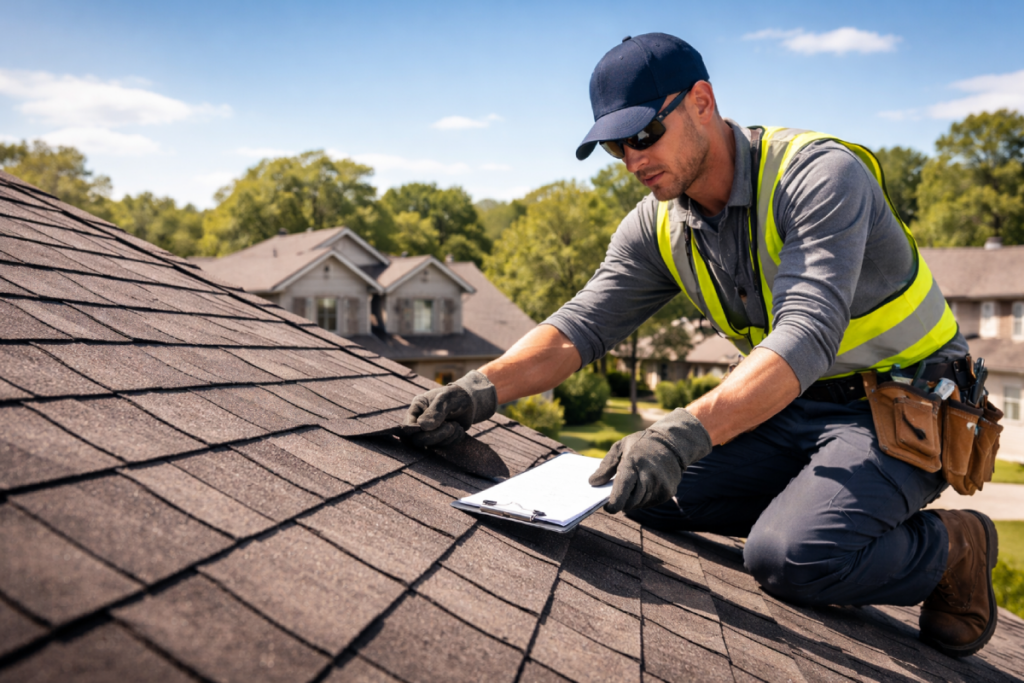 roofer inspecting shingles on Texas home